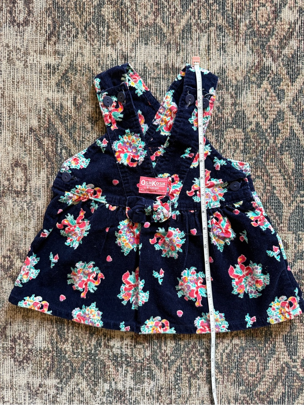 Vintage Oshkosh B'Gosh Vestbak Floral Corduroy Overall Dress Navy Blue Sz 18 mo